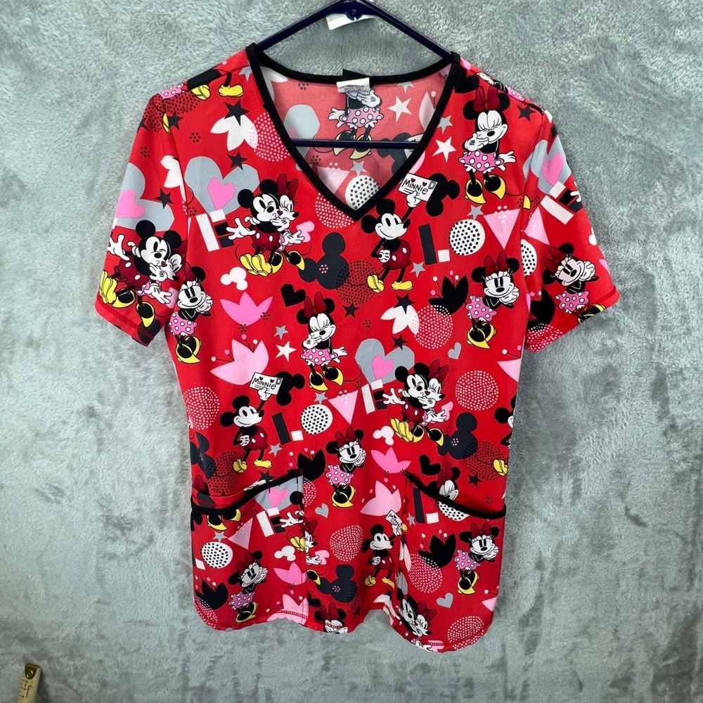 Disney Mickey Minnie Mouse Red V-Neck‎ Scrub Top Small
